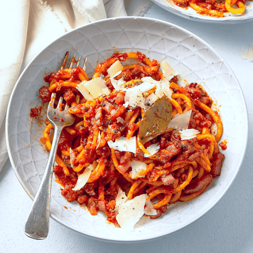 Pasta Evangelists Meal Bucatini all'Amatriciana with Crispy Smoked Pancetta
