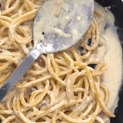 Pasta Evangelists Meal "Carbonara of Dreams" with Fresh Bucatini & Crispy Pancetta
