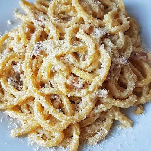 Pasta Evangelists Meal "Carbonara of Dreams" with Fresh Bucatini & Crispy Pancetta