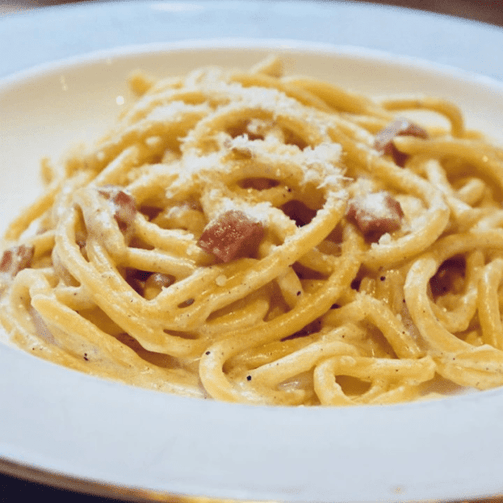 Pasta Evangelists Meal "Carbonara of Dreams" with Fresh Bucatini & Crispy Pancetta
