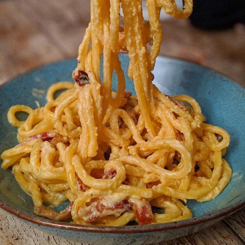 Pasta Evangelists Meal "Carbonara of Dreams" with Fresh Bucatini & Crispy Pancetta