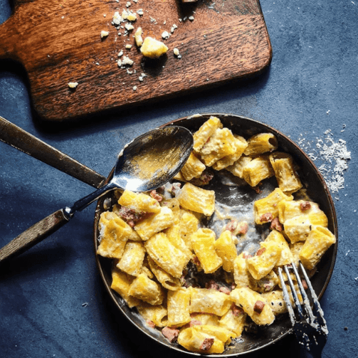 Pasta Evangelists Meal Carbonara of Dreams with Fresh Sedanini, Pancetta & Parmigiano Reggiano