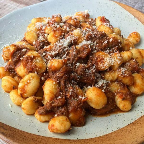 Pasta Evangelists Meal Gnocchi "Rustici" with a Beef & Barolo Wine Ragù and Parmigiano Reggiano