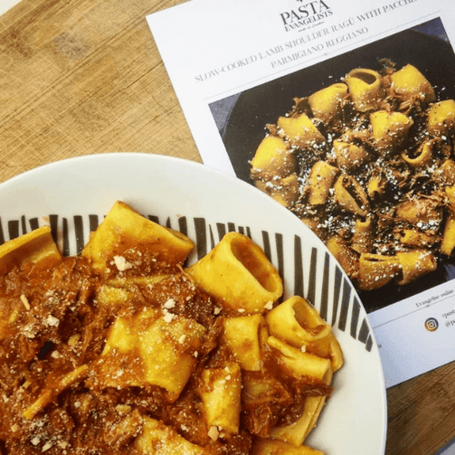 Pasta Evangelists Meal Spring Lamb Ragù with Fresh Paccheri Pasta and a Mint Crumb