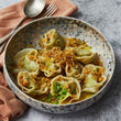 Fresh Pea & Shallot Tortelloni with Garlic Oil & Lemon Pangrattato (ve.)